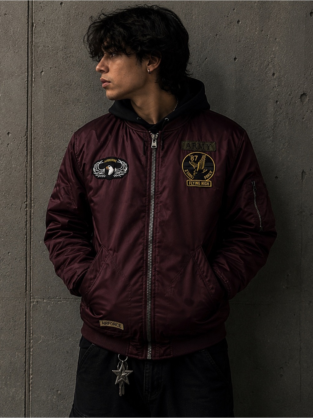 XRAY Jeans Burgundy MA-1 Bomber Jacket Military Patch Y2K Streetwear Size L